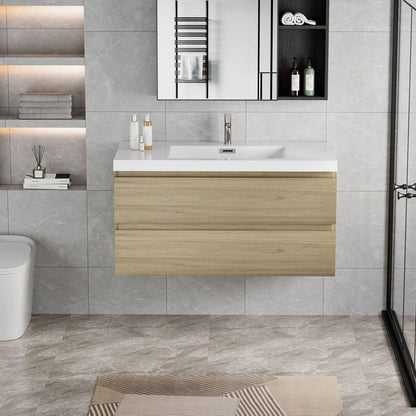 42" Floating Bathroom Vanity with Sink, Modern Wall-Mounted Bathroom Storage Vanity Cabinet with Resin Top Basin and Soft Close Drawers, Natural Oak