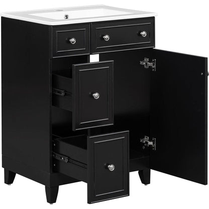 24-Inch Bathroom Vanity Cabinet with Ceramic Sink, 2 Drawers, 1 Door