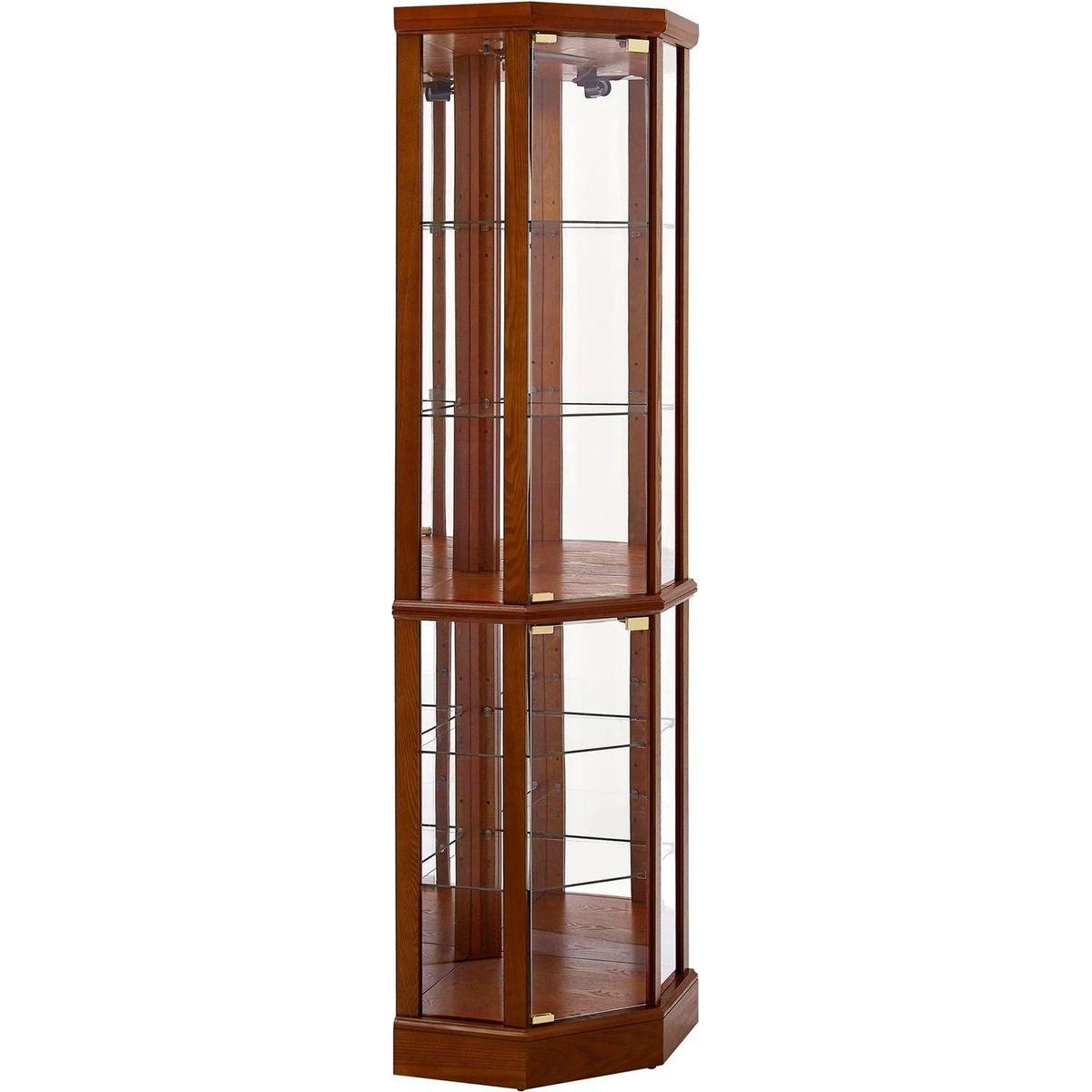 6 Shelf Lighted Corner Curio Cabinet with Adjustable Tempered Glass Shelves and Mirror Back, Oak