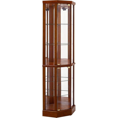 6 Shelf Lighted Corner Curio Cabinet with Adjustable Tempered Glass Shelves and Mirror Back, Oak