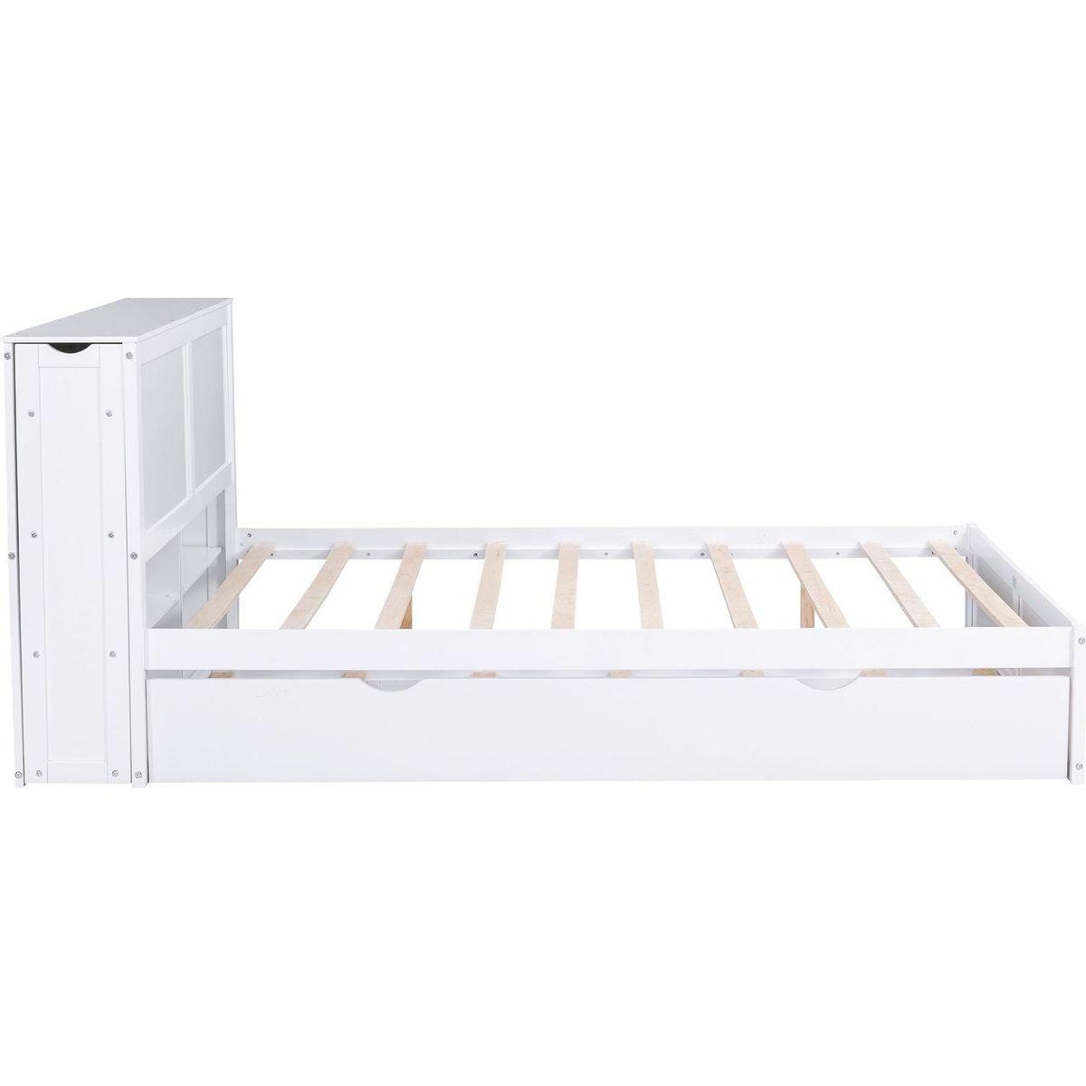 Queen Size Storage Platform Bed with Pull Out Shelves and Twin XL Size Trundle, White