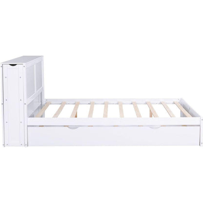 Queen Size Storage Platform Bed with Pull Out Shelves and Twin XL Size Trundle, White