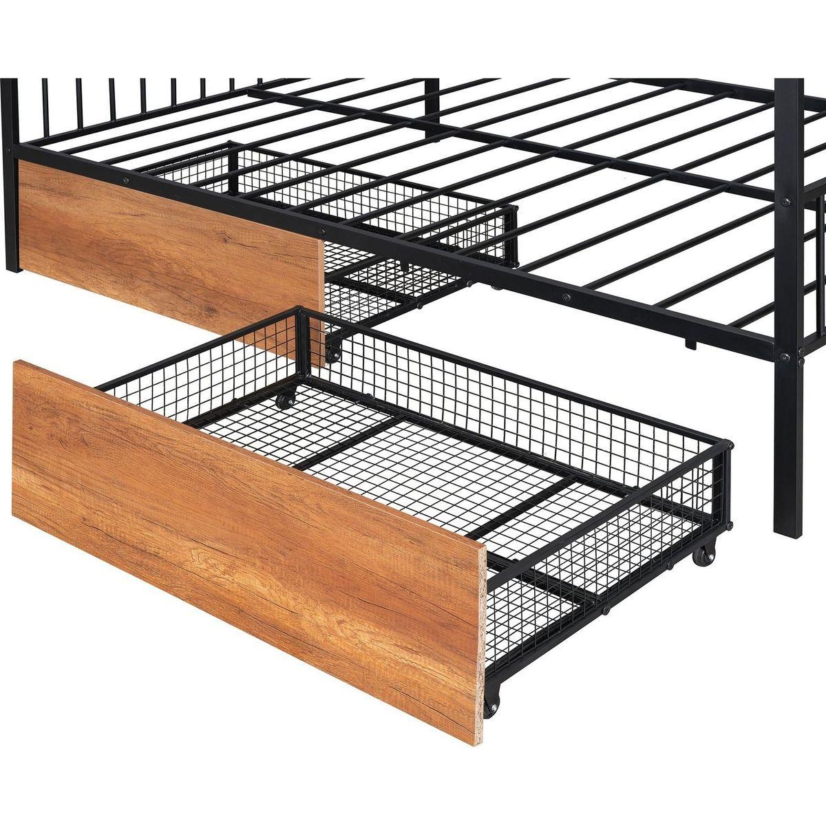 Full Size Metal House Bed with Two Drawers, Black