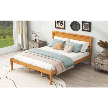 Platform Bed Frame with Headboard, Wood Slat Support, No Box Spring Needed, Queen, Oak