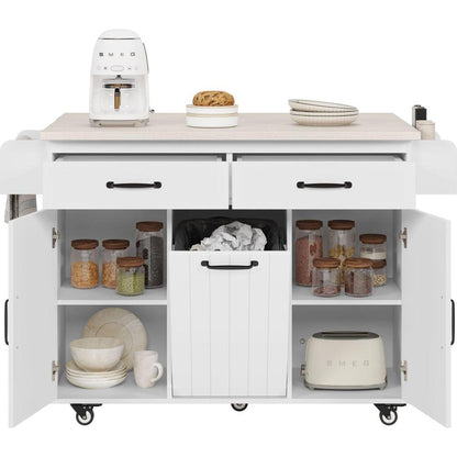 Kitchen Island with Trash Can Storage Cabinet, Kitchen Cart with Drop Leaf, Spice Rack, Towel Rack and Drawer, Rolling Kitchen Island on Wheels with Adjustable Shelf, White