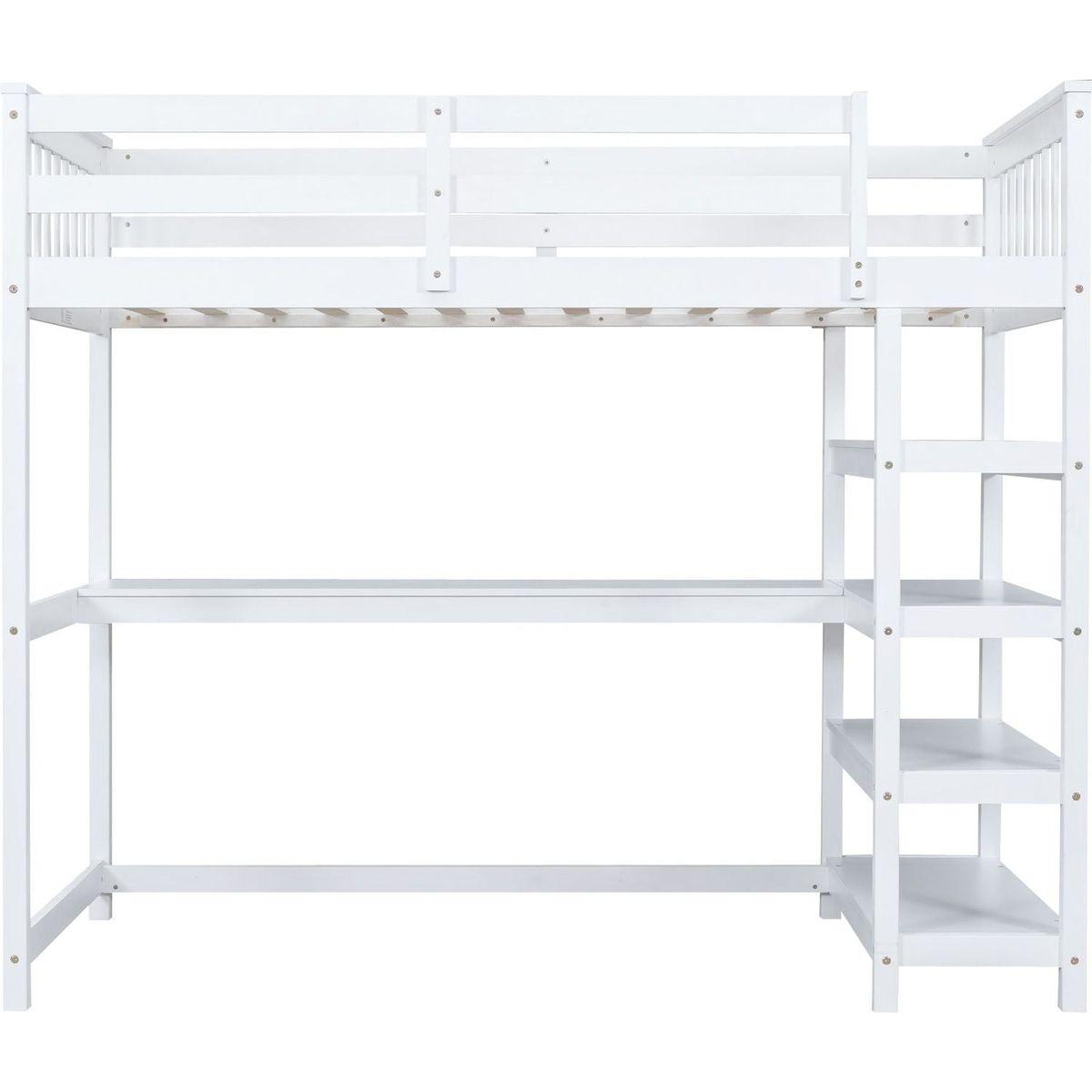 Twin Size Loft Bed with Storage Shelves and Under-bed Desk, White