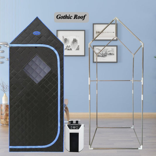 Portable Gothic Roof Plus Type Full Size Steam Sauna tent. Spa, Detox, Therapy and Relaxation at home. Larger Space, Stainless Steel Pipes Connector Easy to Install. FCC Certification--Black