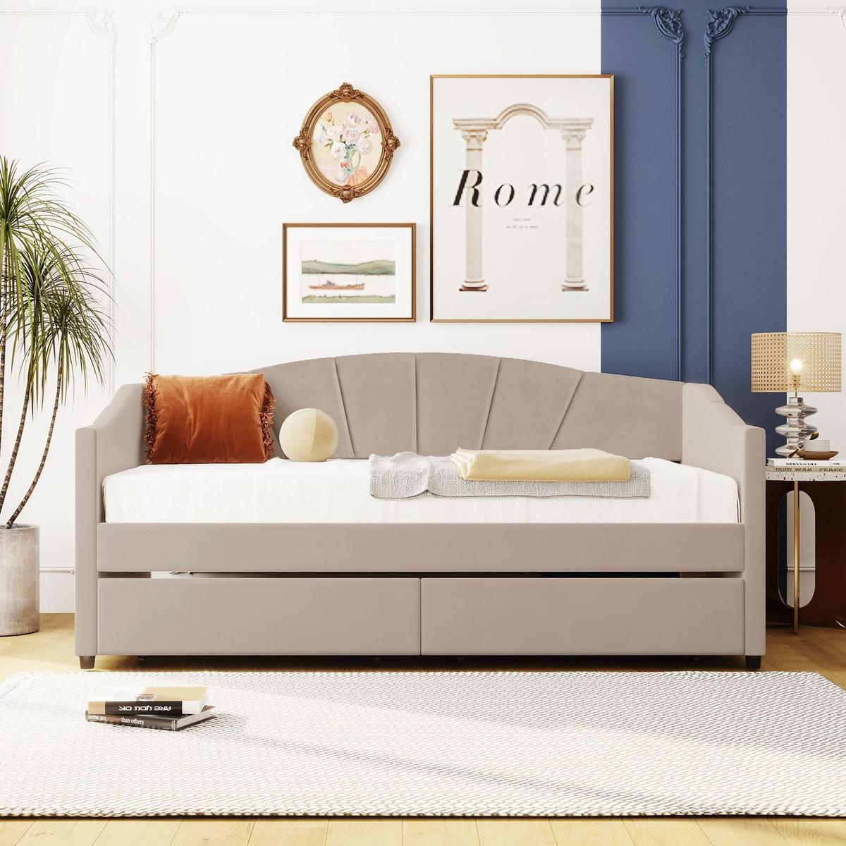 Upholstered daybed Twin Size with Two Drawers and Wood Slat, Beige