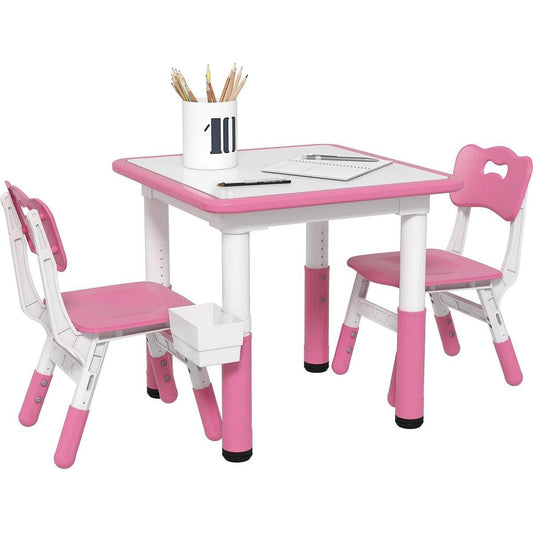 Qaba 3 Piece Kids Table and Chairs, Height Adjustable Toddler Table and Chair Set with Storage, Easy to Wipe Activity Table, 2 Chairs for Daycare Classroom & Ages 18 Months-5 Years, Pink