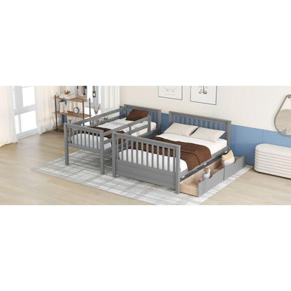 Twin-Over-Full Bunk Bed with Ladders and Two Storage Drawers(Gray){o