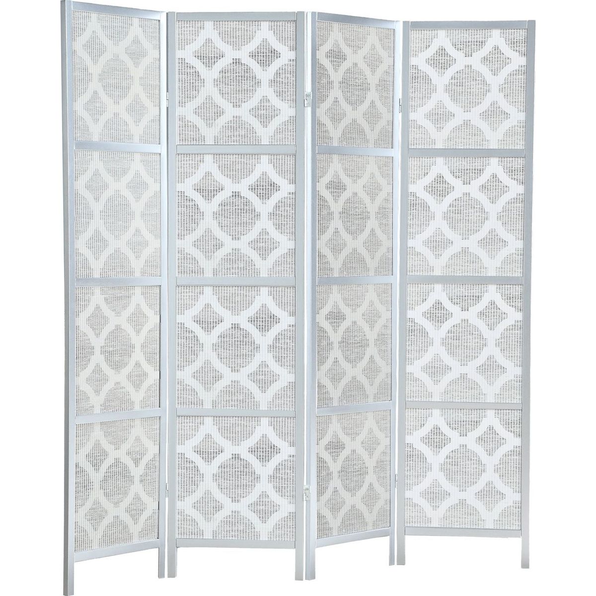 Quarterfoil infused Diamond Design 4-Panel Room Divider, Silver