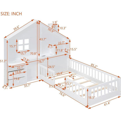 Twin Size House Bed with Window and Bedside Drawers, Platform Bed with Shelves and a set of Sockets and USB Port, White