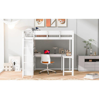 Full Size Loft Bed with Desk and Shelf - White