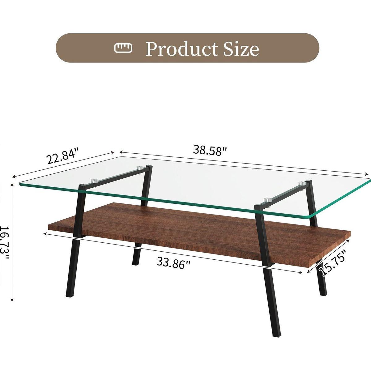 Rectangle Coffee Table, Tempered Glass Tabletop with Black Metal Legs, Modern Table for Living Room, Transparent Glass