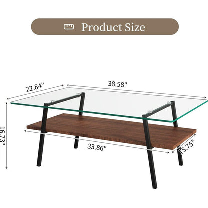 Rectangle Coffee Table, Tempered Glass Tabletop with Black Metal Legs, Modern Table for Living Room, Transparent Glass