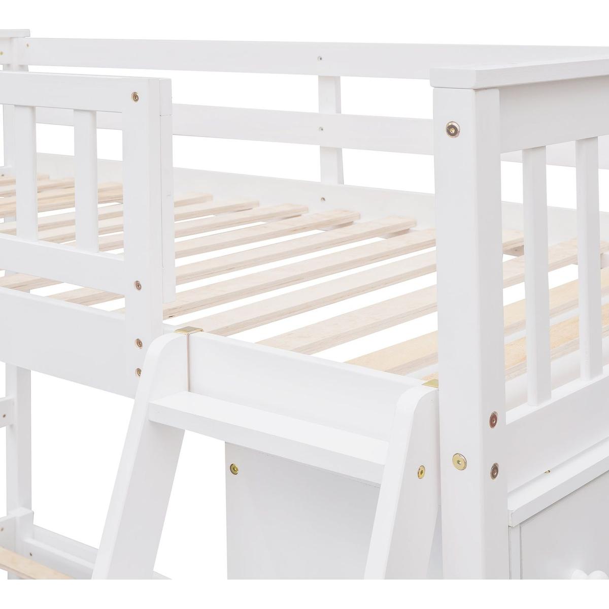 Wooden Twin Over Full Bunk Bed With Six Drawers And Flexible Shelves,Bottom Bed With Wheels,White