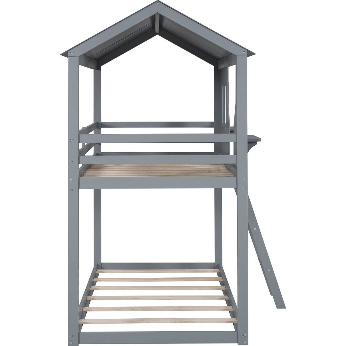 Twin Over Twin Bunk Bed Wood Bed with Roof, Window, Guardrail, Ladder (Gray)