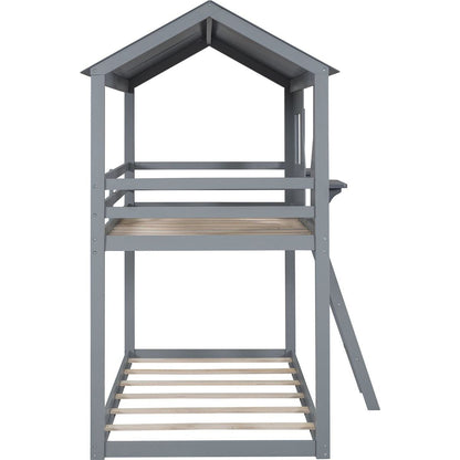 Twin Over Twin Bunk Bed Wood Bed with Roof, Window, Guardrail, Ladder (Gray)
