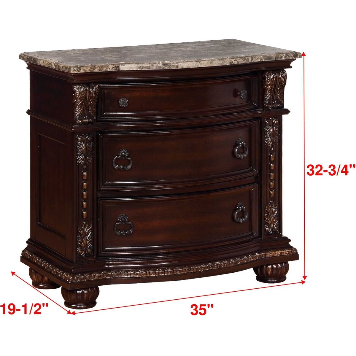 1Pc Traditional Style End Table 3-Drawer Nightstand with Marble Top Rich Brown Cherry Finish Solid Wood Wooden Bedroom