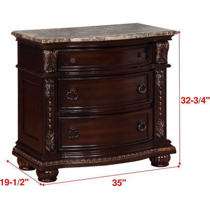 1Pc Traditional Style End Table 3-Drawer Nightstand with Marble Top Rich Brown Cherry Finish Solid Wood Wooden Bedroom