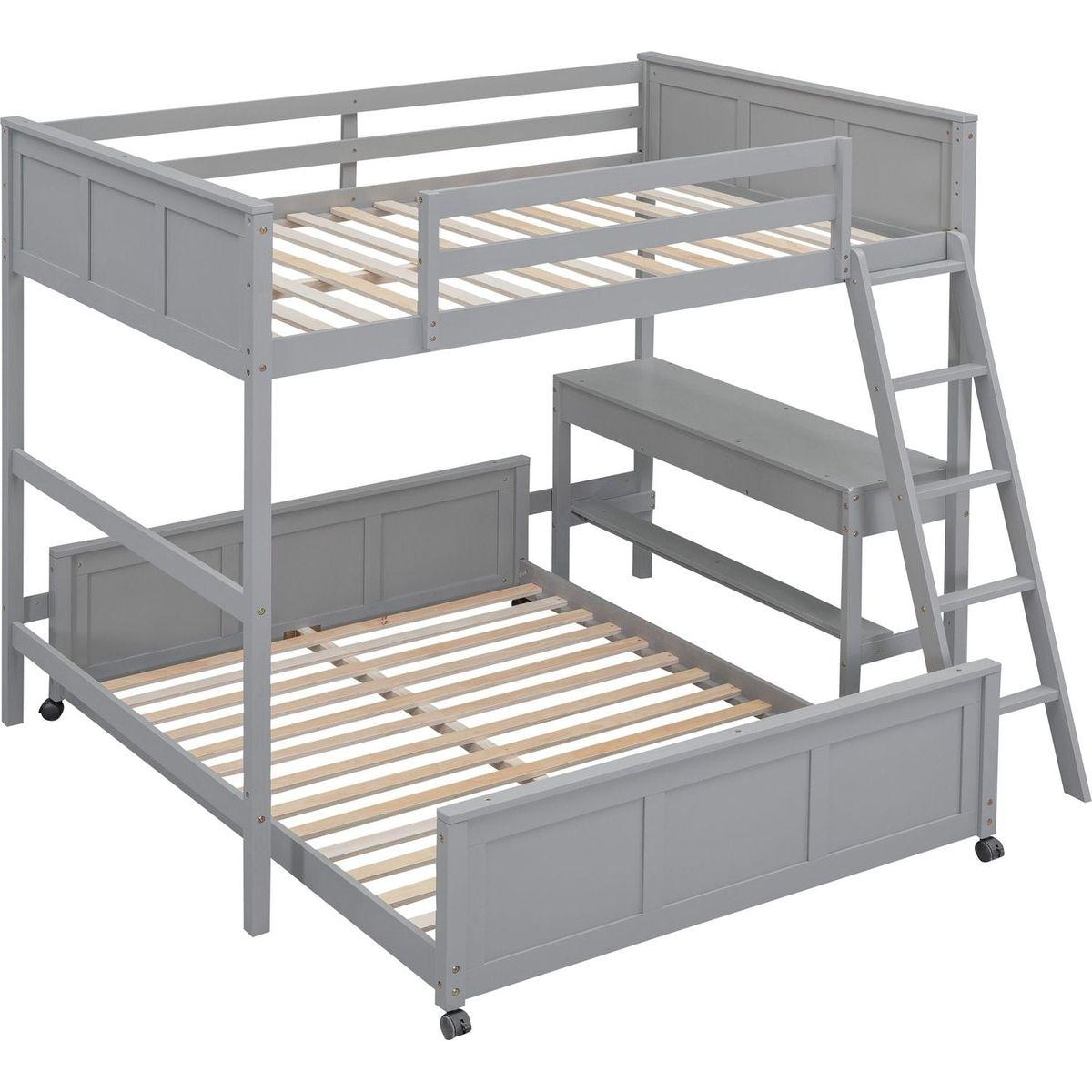 Full Over Full Bunk Bed with Desk, Gray