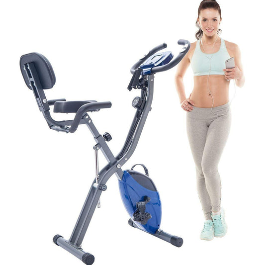 Folding Exercise Bike, Fitness Upright and Recumbent X-Bike with 10-Level Adjustable Resistance, Arm Bands and Backrest