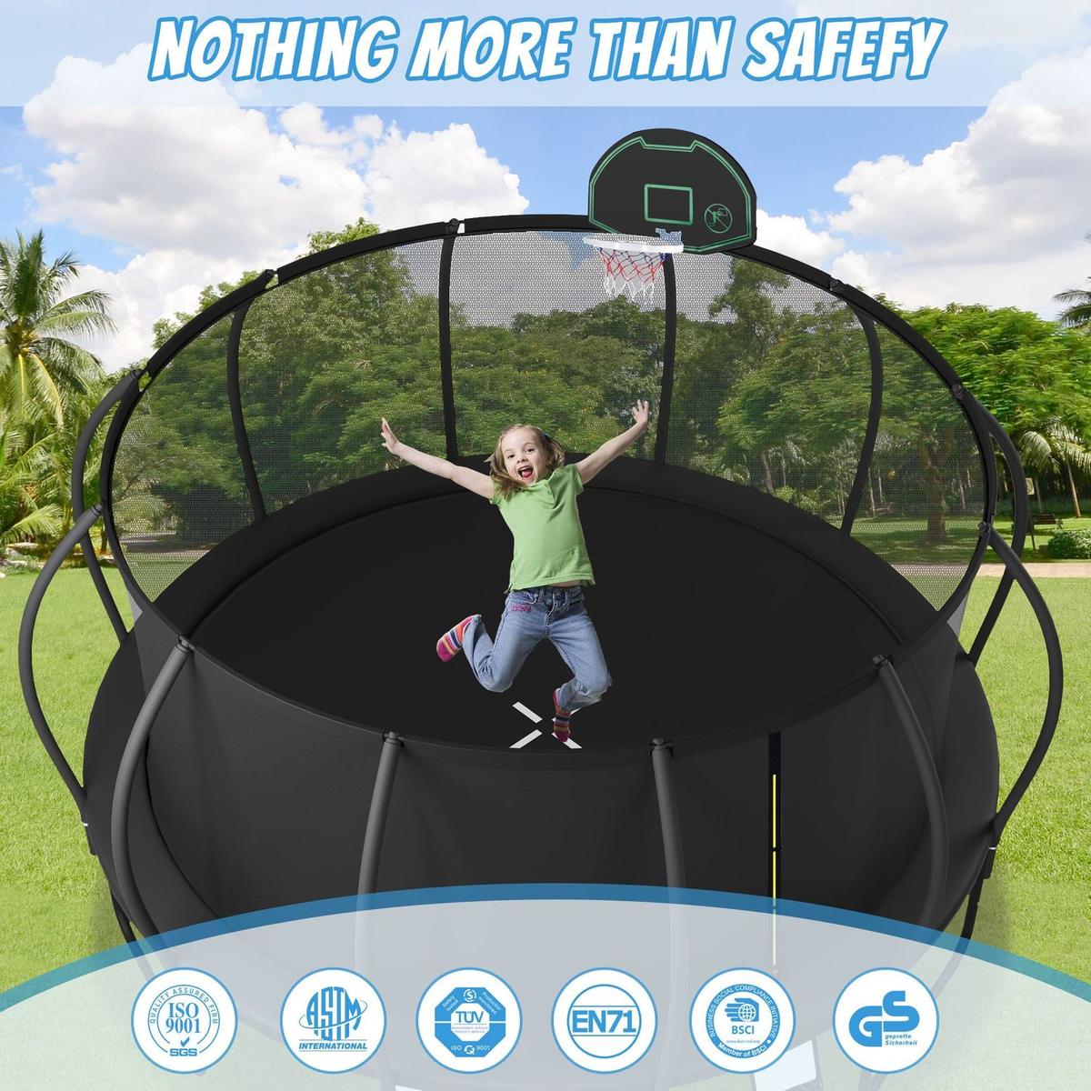 15FT Trampoline for Kids with Upgraded ArcPole and Composite TopLoop for Safety Enclosure, Plus Basketball Board and 12 Ground Stakes, Outdoor Recreational Playset Balance Physical Training Trampoline