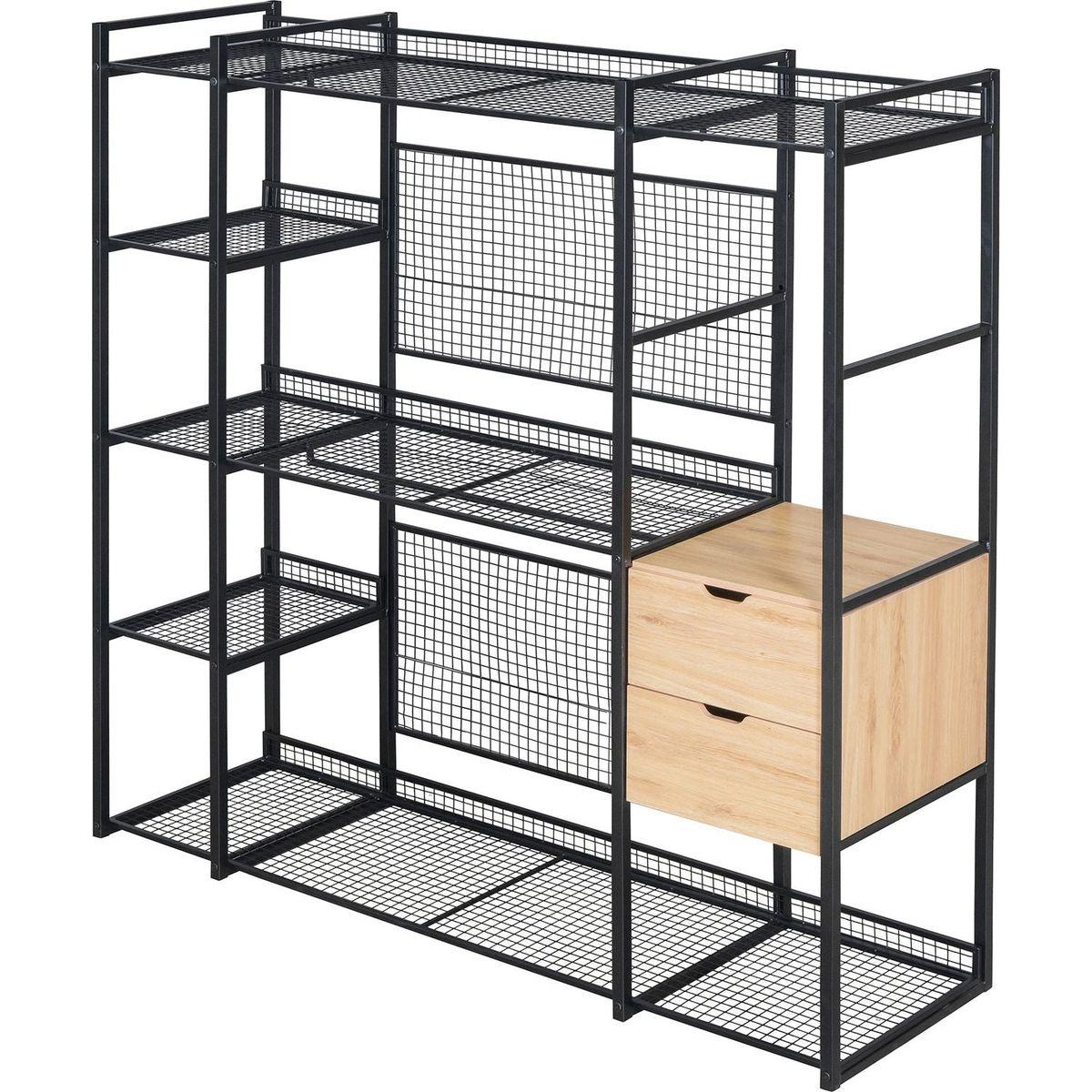 Open-Style Wardrobe with Hanging Rails, Shelves and Drawers, Black