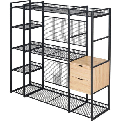 Open-Style Wardrobe with Hanging Rails, Shelves and Drawers, Black
