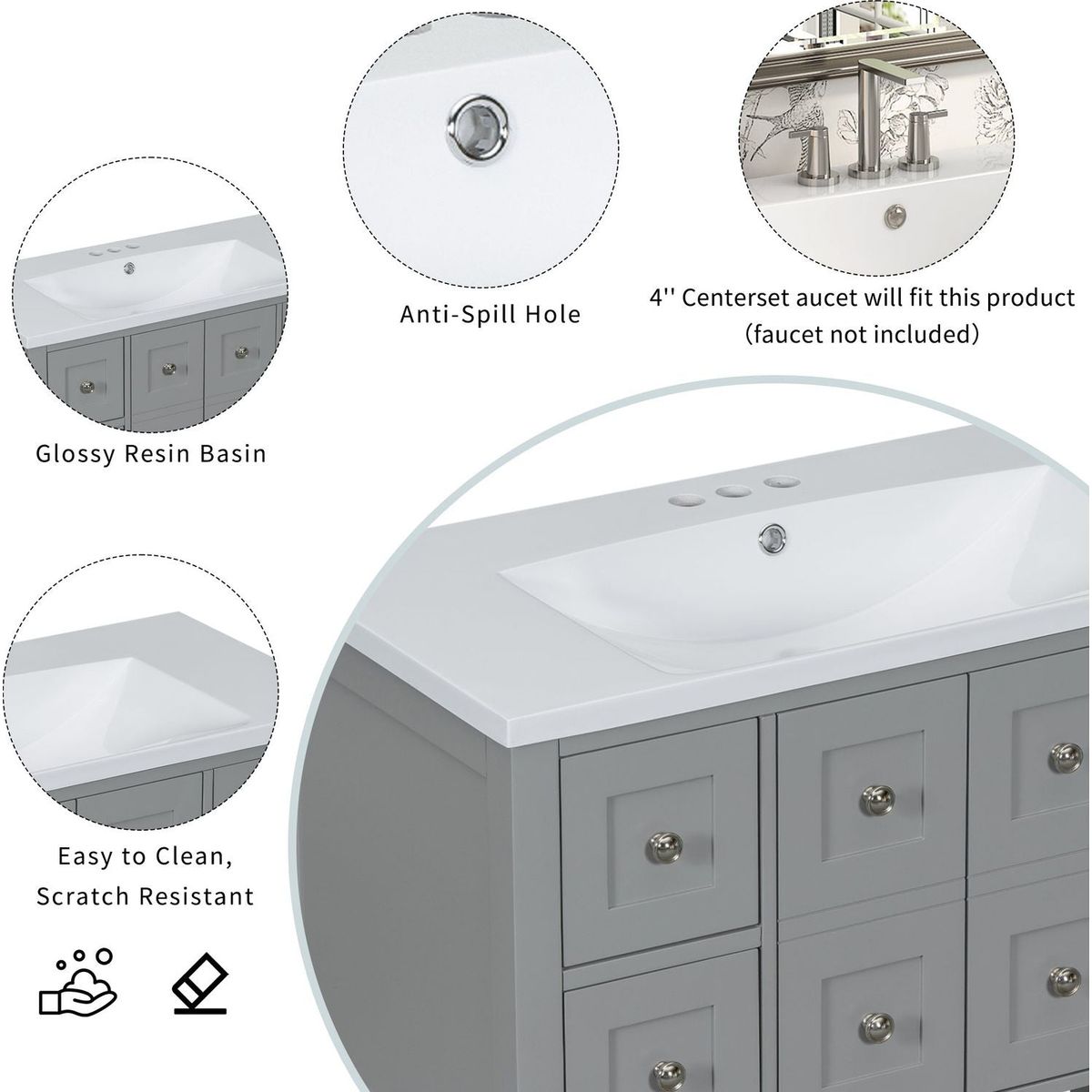 36" Bathroom Vanity with Undermount Sink,Free Standing Vanity Set with 4 Drawers& Soft Closing Doors,Solid Wood Frame Bathroom Storage Cabinet