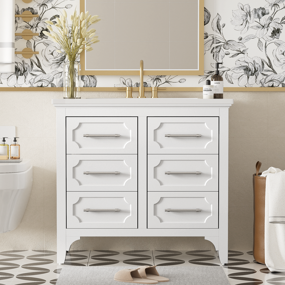 36" Bathroom Vanity with Resin Sink Combo, Free Standing Single Vanity Set with Four Drawers, Solid Wood Frame Bathroom Storage Cabinet