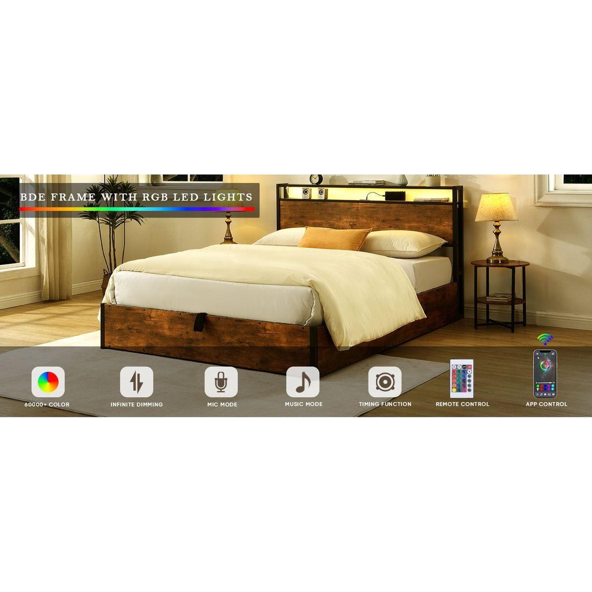 Lift-up Storage Bed Frame, Full Size Bed Frame with Bookcase Headboard & LED Lights, Wooden Platform Bed Frame with Charging Station, No Spring Box Needed, Rustic Brown