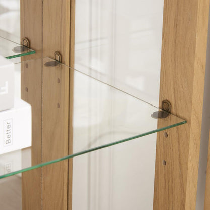 2 Doors Curio Cabinet with Tempered Glass Doors, Curio Cabinets with Mirrored Back Panel and Adjustable Shelves, Lighted Display Cabinet for Home, Office Light Bulb Included OAK