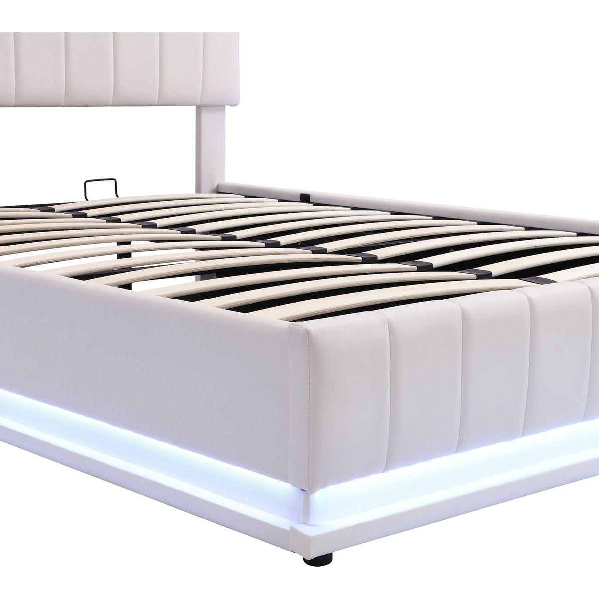 Full Size Upholstered Bed with Hydraulic Storage System and LED Light, Modern Platform Bed with Sockets and USB Ports, White