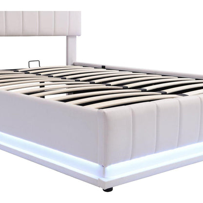 Full Size Upholstered Bed with Hydraulic Storage System and LED Light, Modern Platform Bed with Sockets and USB Ports, White