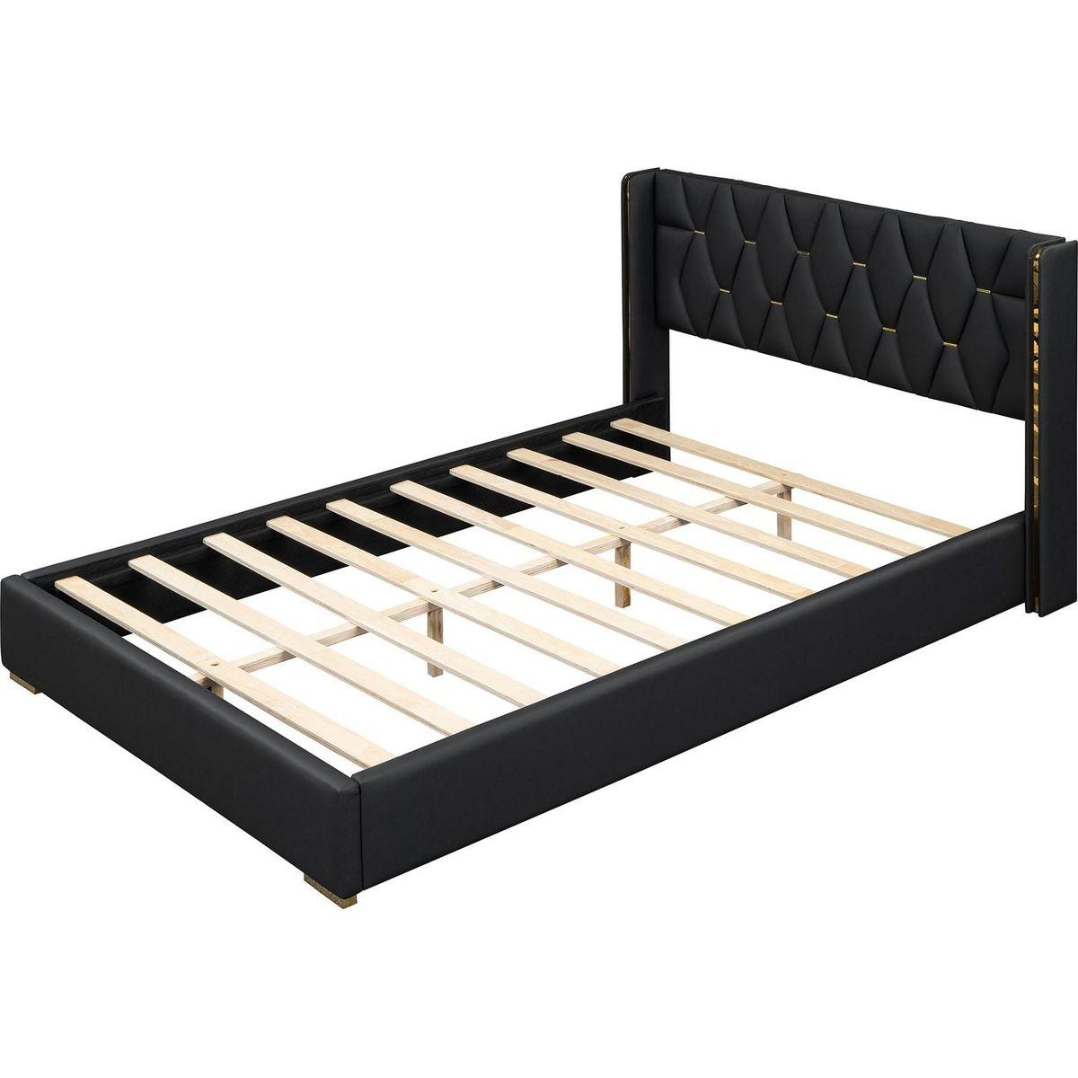 Full Size Upholstered Platform Bed with Metal Strips, Black