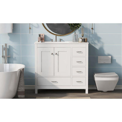 36" White Bathroom Vanity with Ceramic Sink Combo, Abundant Storage Cabinet -2 Soft-close doors and 5 drawers