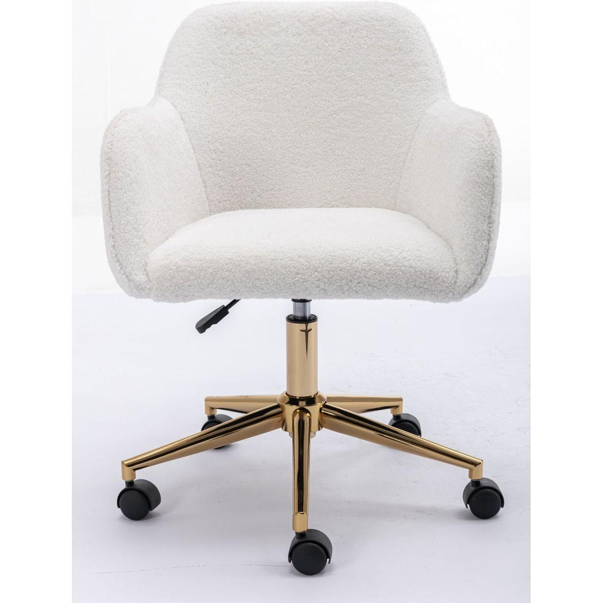 Modern Teddy Fabric Material Adjustable Height 360 Revolving Home Office Chair With Gold Metal Legs And Universal Wheel For Indoor,White