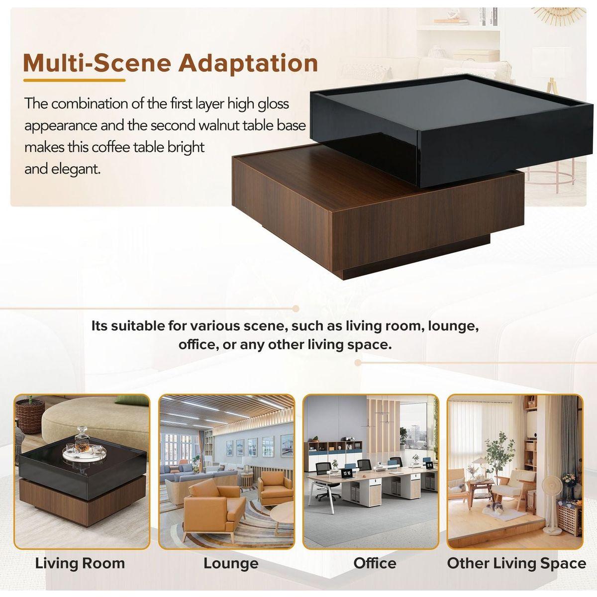 Multi-functional Square 360Rotating Coffee Table with 2 Drawers, High Gloss 2-Tier Center Table with Swivel Tabletop and Storage, Walnut Table Frame Side Table for Living Room, Black