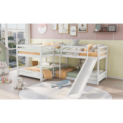 Full and Twin Size L-Shaped Bunk Bed with Slide and Short Ladder,White