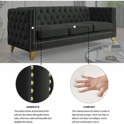 Velvet Sofa for Living Room,Buttons Tufted Square Arm Couch, Modern Couch Upholstered Button and Metal Legs, Sofa Couch for Bedroom, Black Velvet