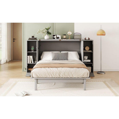 Full Size Murphy Bed with Shelves, Drawers and USB Ports,Gray
