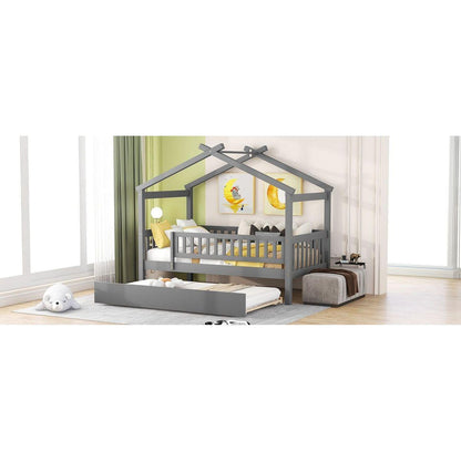 Twin Size Wooden House Bed with Twin Size Trundle, Gray