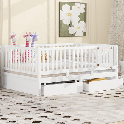 Full Size Wood Daybed with Fence Guardrails and 2 Drawers, Split into Independent Floor Bed & Daybed, White