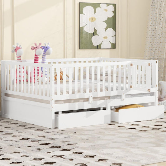 Full Size Wood Daybed with Fence Guardrails and 2 Drawers, Split into Independent Floor Bed & Daybed, White
