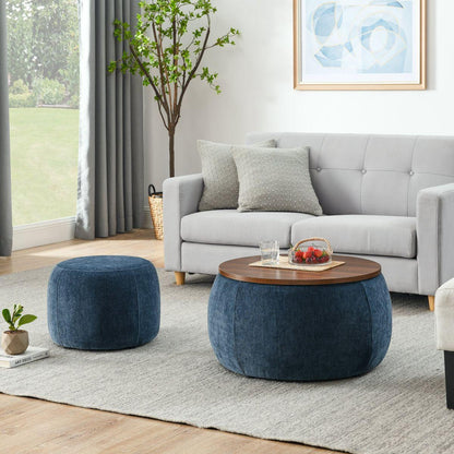 Round Storage Ottoman, 2 in 1 Function, Work as End table and Ottoman,with small seat,Dark blue(25'x25'x14.7')