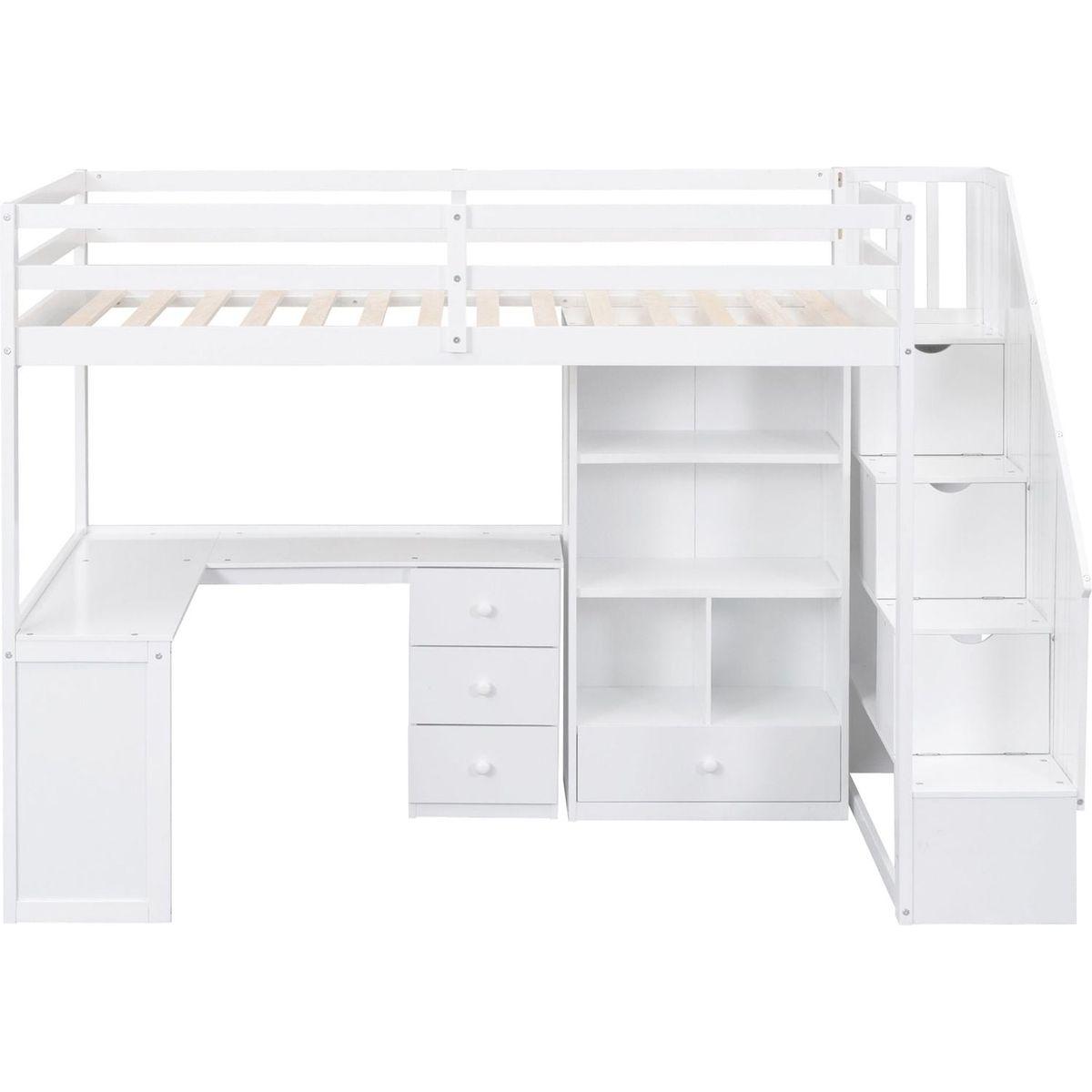 Twin Size Loft Bed with L-Shaped Desk and Drawers, Cabinet and Storage Staircase, White