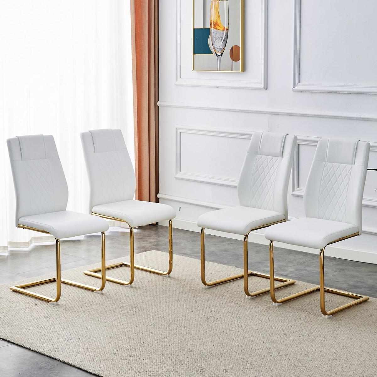 Modern dining chairs, dining room chairs, and golden leg cushioned chairs made of artificial leather, suitable for kitchens, living rooms, bedrooms, and offices. Set of 6 pieces (white+PU)