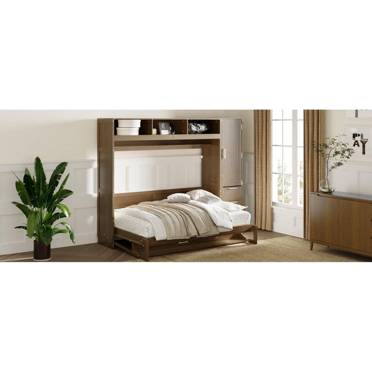 Full Size Murphy Bed with Wardrobe, Drawers and Open Shelves, Antique Grey