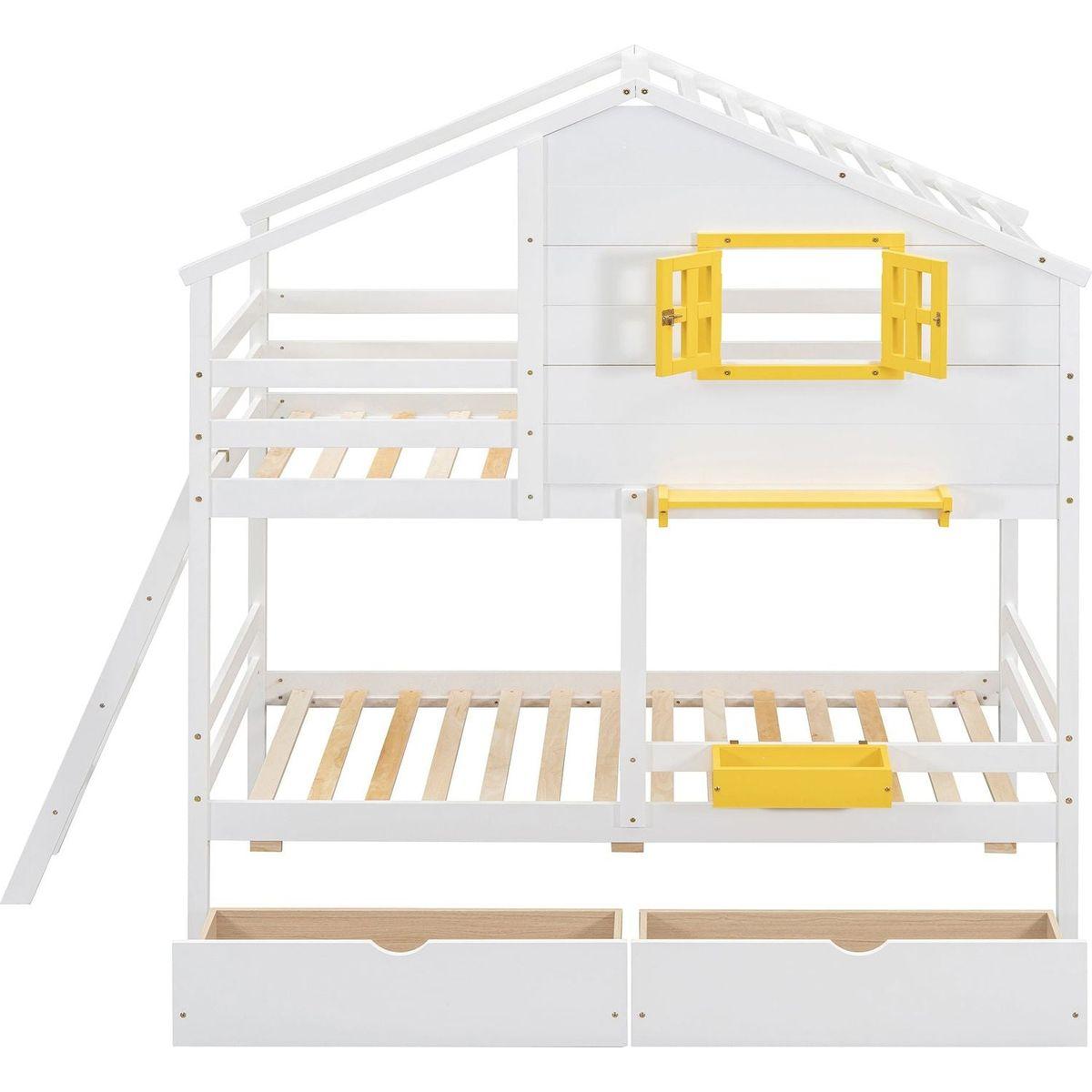 Twin over Twin Bunk Bed with 2 Drawers, 1 Storage Box, 1 Shelf, Window and Roof-White
